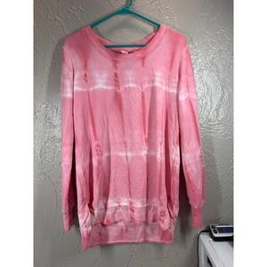 Green Tea Pink & White Top Tie Dye Womens Long Sleeve Blouse T-Shirt Medium